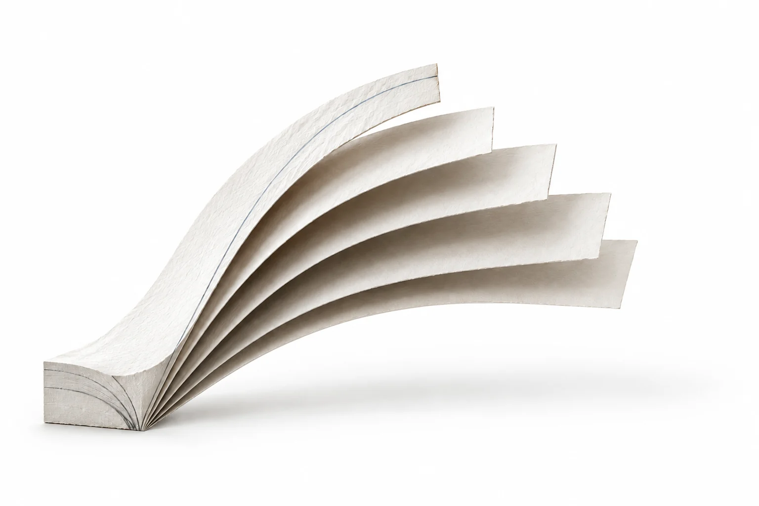 Five raised paper layers fan toward a finite edge where the graphite reasoning path stops.