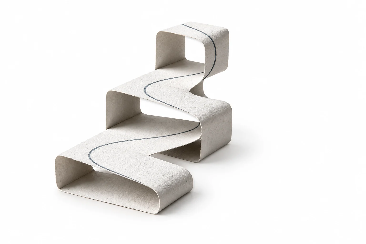 One continuous paper ribbon folds into successive levels, with a graphite path connecting each step.